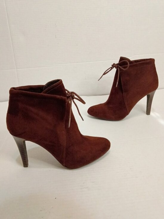 Shoes - Brown Faux Suede Lace Up Heeled Ankle Booties Women’s Size 7